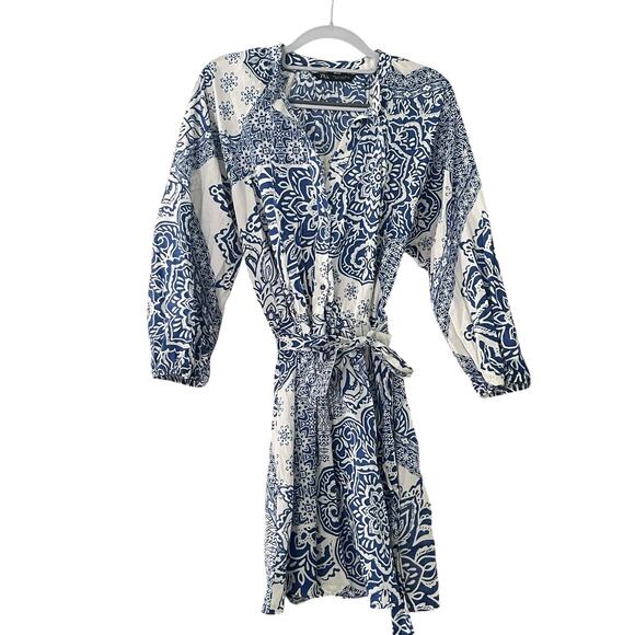 ZARA Belted Long Sleeve Mini Shirt Dress •L• Blue & White Flora Blogger Fave - Picture 5 of 10